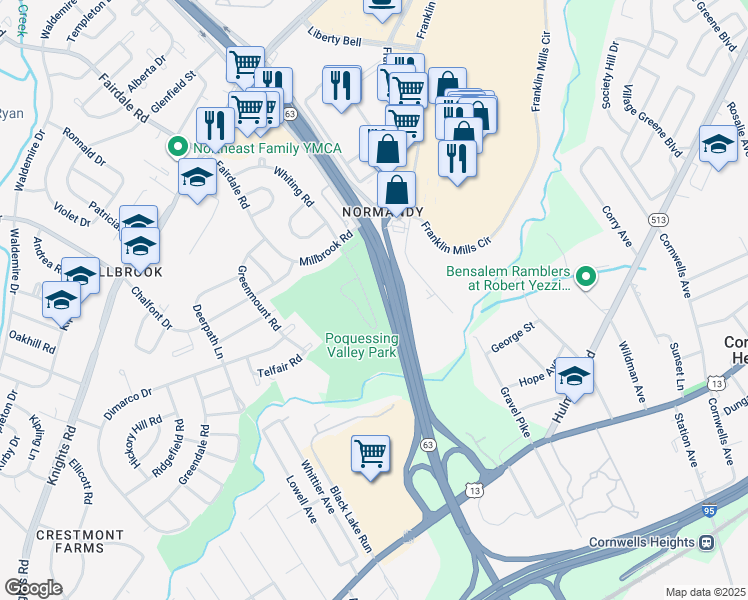 map of restaurants, bars, coffee shops, grocery stores, and more near 4439 Ernie Davis Circle in Philadelphia