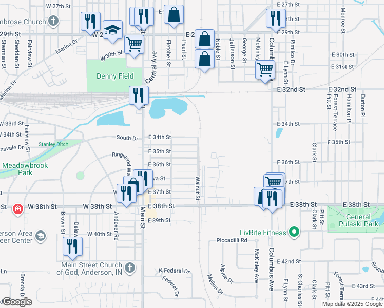 map of restaurants, bars, coffee shops, grocery stores, and more near 404 East 34th Street in Anderson