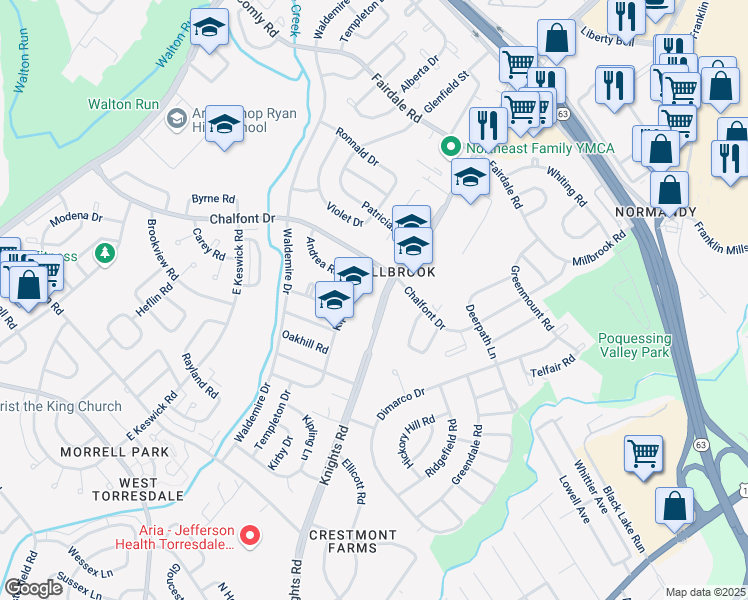 map of restaurants, bars, coffee shops, grocery stores, and more near 11032 Knights Road in Philadelphia