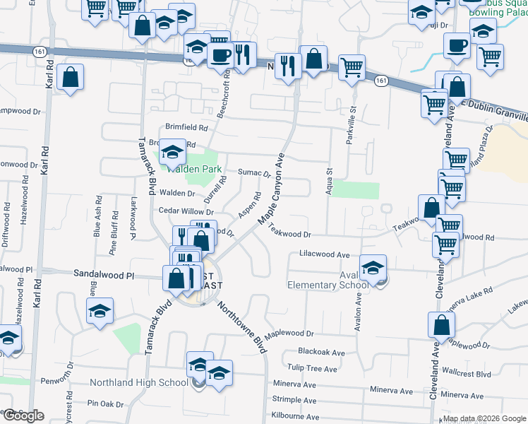 map of restaurants, bars, coffee shops, grocery stores, and more near 5431 Maple Canyon Avenue in Columbus