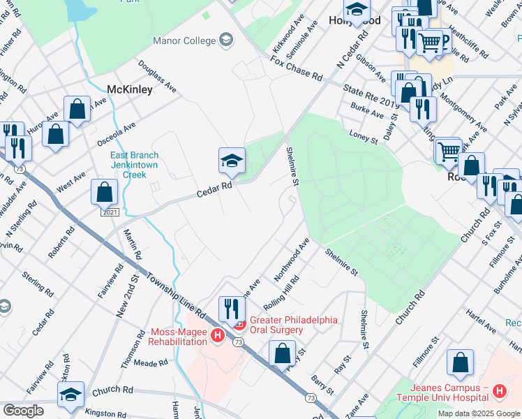 map of restaurants, bars, coffee shops, grocery stores, and more near 314 Glen Lane in Elkins Park