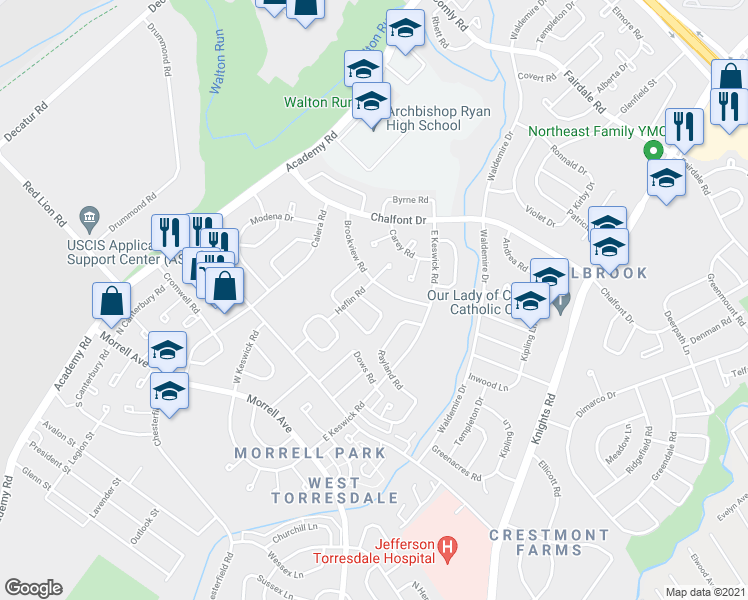 map of restaurants, bars, coffee shops, grocery stores, and more near 3527 Oakhill Road in Philadelphia