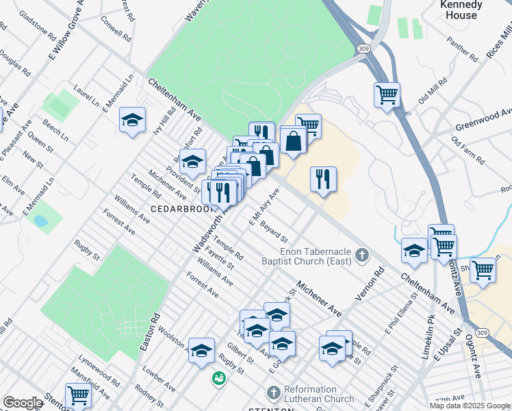 map of restaurants, bars, coffee shops, grocery stores, and more near 1601 East Mount Airy Avenue in Philadelphia