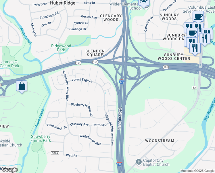 map of restaurants, bars, coffee shops, grocery stores, and more near 4137 Fox Glove Lane in Columbus
