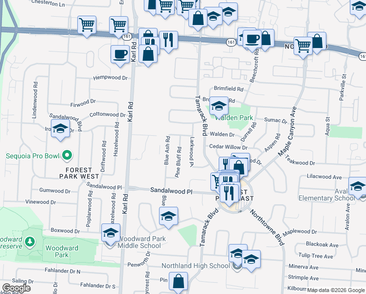 map of restaurants, bars, coffee shops, grocery stores, and more near 5500 Pine Bluff Road in Columbus