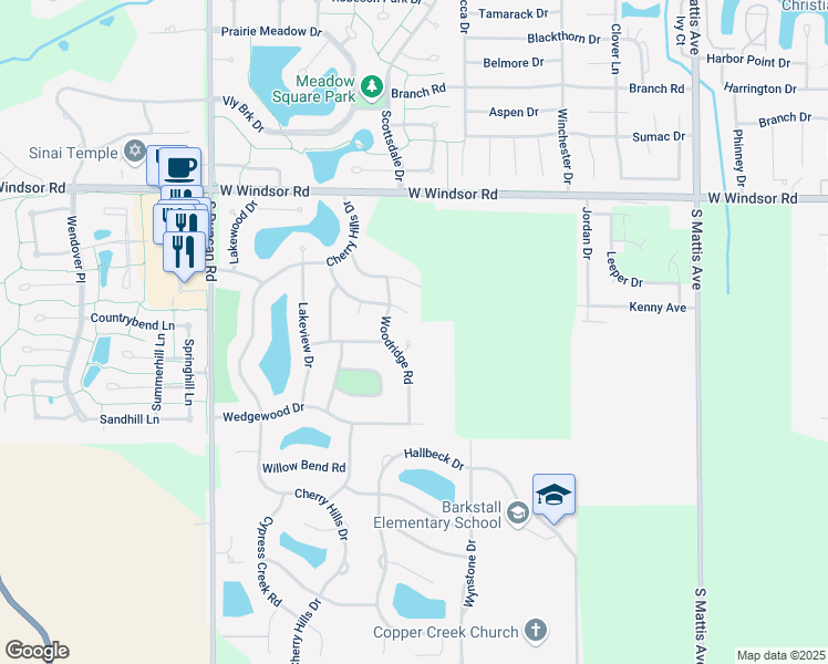 map of restaurants, bars, coffee shops, grocery stores, and more near 2501 Coppertree Road in Champaign