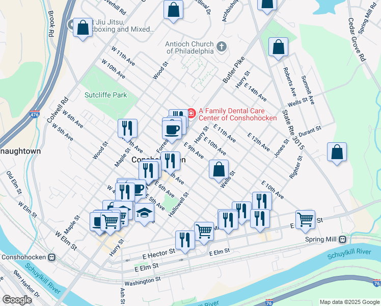 map of restaurants, bars, coffee shops, grocery stores, and more near 821 Harry Street in Conshohocken