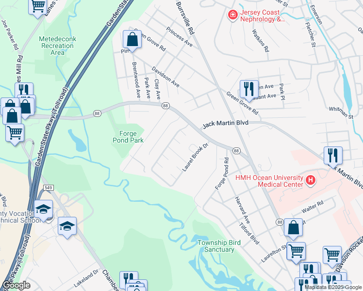 map of restaurants, bars, coffee shops, grocery stores, and more near 25D Court B in Brick Township
