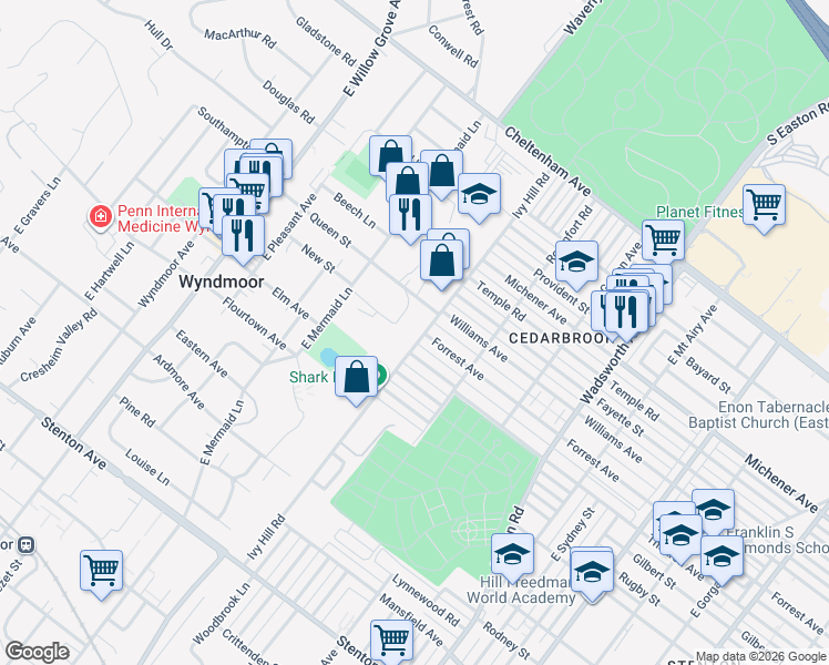 map of restaurants, bars, coffee shops, grocery stores, and more near 7600 Queen St in Wyndmoor