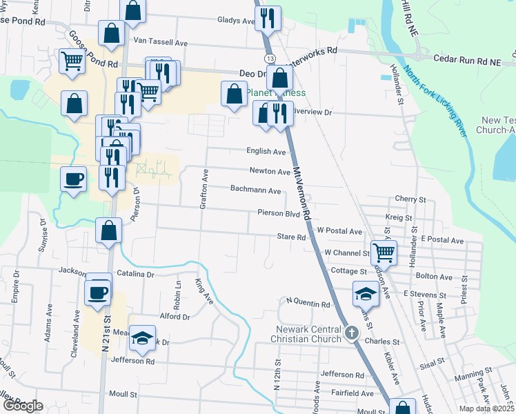 map of restaurants, bars, coffee shops, grocery stores, and more near 200 Pierson Boulevard in Newark