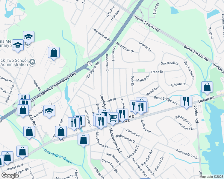 map of restaurants, bars, coffee shops, grocery stores, and more near 111 Harding Drive in Brick Township