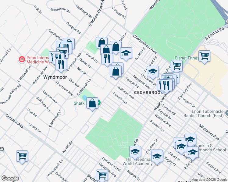 map of restaurants, bars, coffee shops, grocery stores, and more near 7600 Queen Street in Wyndmoor