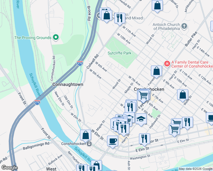map of restaurants, bars, coffee shops, grocery stores, and more near 320 West 5th Avenue in Conshohocken
