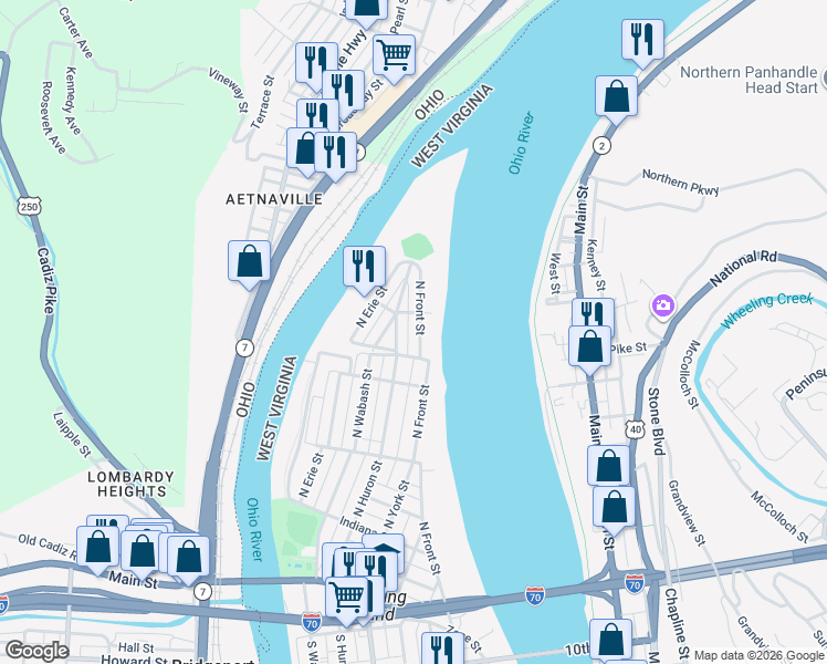 map of restaurants, bars, coffee shops, grocery stores, and more near 622 North Huron Street in Wheeling