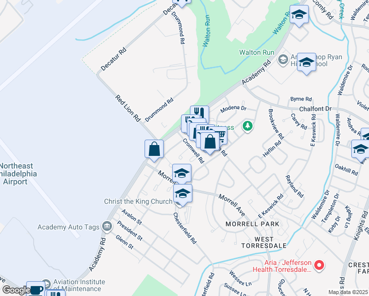 map of restaurants, bars, coffee shops, grocery stores, and more near 10236 Ambridge Place in Philadelphia