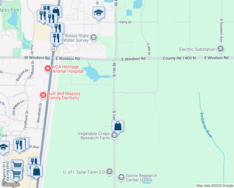 map of restaurants, bars, coffee shops, grocery stores, and more near 2614 South 1st Street in Champaign