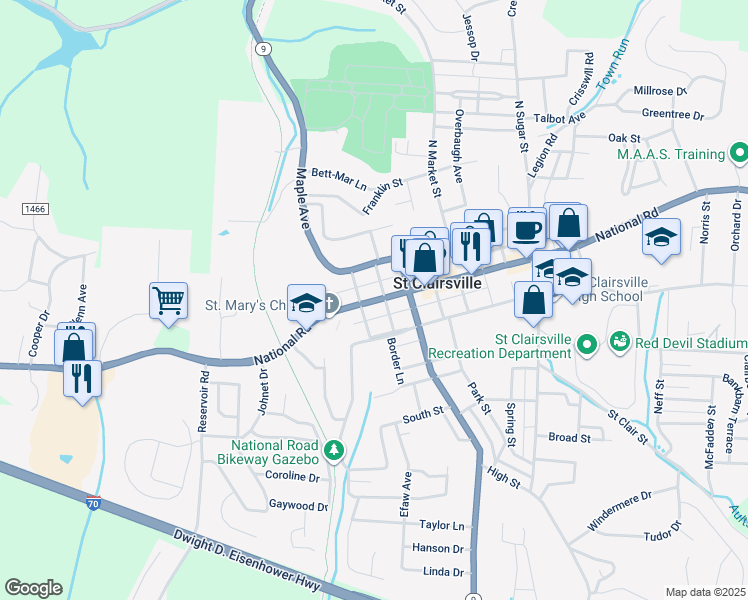 map of restaurants, bars, coffee shops, grocery stores, and more near 171 West Main Street in St. Clairsville
