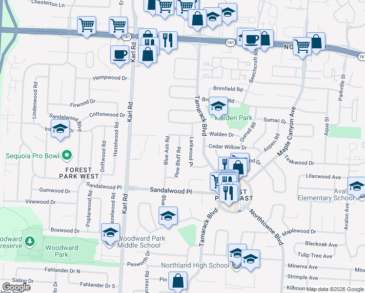 map of restaurants, bars, coffee shops, grocery stores, and more near 5500 Pine Bluff Road in Columbus