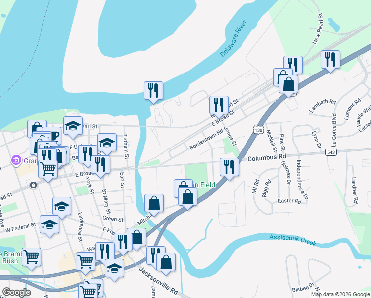 map of restaurants, bars, coffee shops, grocery stores, and more near 727 Bordentown Road in Burlington