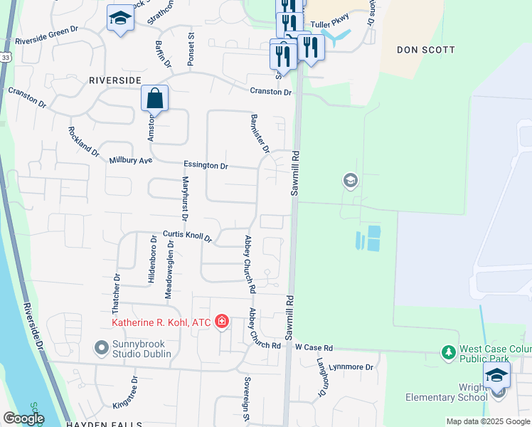 map of restaurants, bars, coffee shops, grocery stores, and more near 2852 Sawmill Park Drive in Dublin