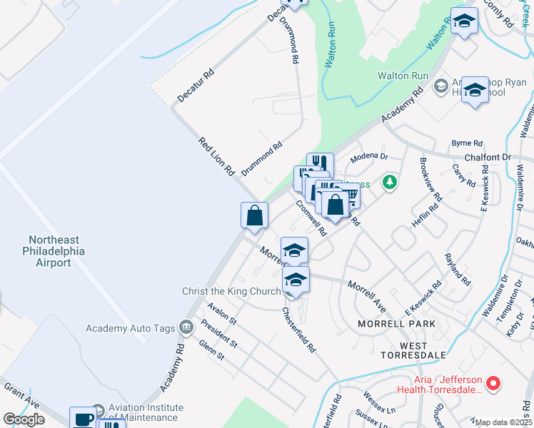 map of restaurants, bars, coffee shops, grocery stores, and more near 10151 Academy Road in Philadelphia