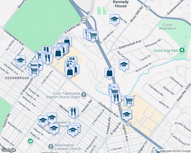 map of restaurants, bars, coffee shops, grocery stores, and more near 234 MacDonald Avenue in Wyncote