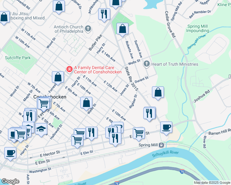 map of restaurants, bars, coffee shops, grocery stores, and more near 329 East 12th Avenue in Conshohocken