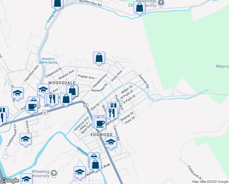 map of restaurants, bars, coffee shops, grocery stores, and more near Elm Street in Wheeling