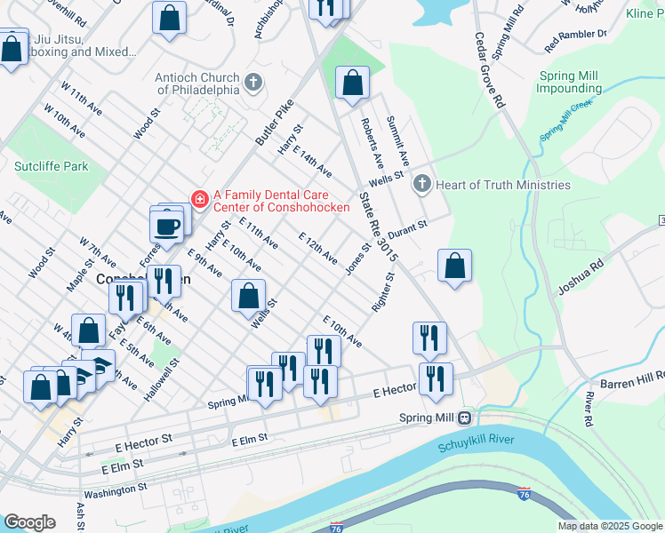 map of restaurants, bars, coffee shops, grocery stores, and more near 329 East 12th Avenue in Conshohocken