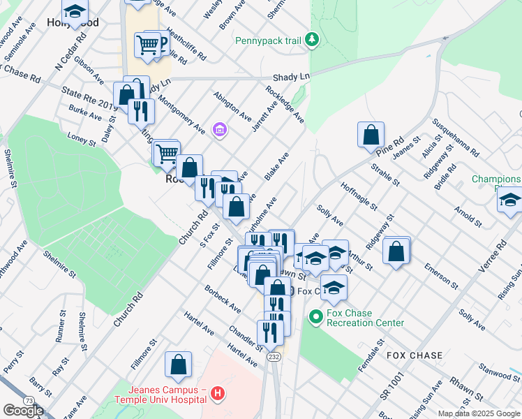map of restaurants, bars, coffee shops, grocery stores, and more near 8046 Burholme Avenue in Philadelphia