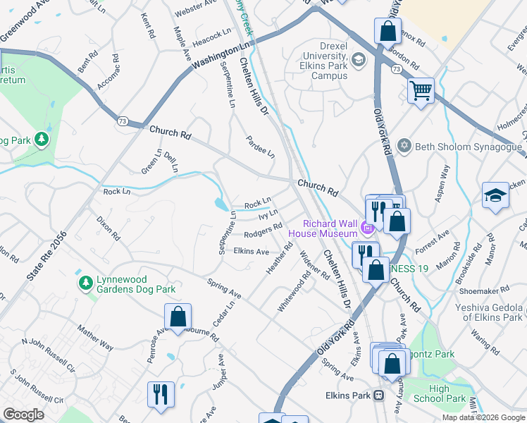 map of restaurants, bars, coffee shops, grocery stores, and more near 7914 Ivy Lane in Elkins Park