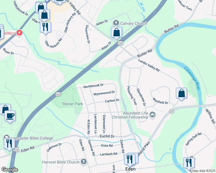 map of restaurants, bars, coffee shops, grocery stores, and more near 2009 Northbrook Drive in Lancaster