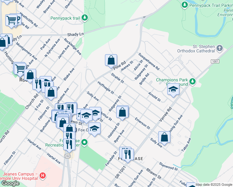 map of restaurants, bars, coffee shops, grocery stores, and more near 525 Hoffnagle Street in Philadelphia