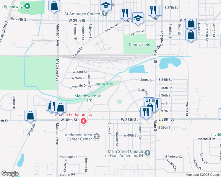 map of restaurants, bars, coffee shops, grocery stores, and more near 301 Meadowbrook Parkway South Drive in Anderson