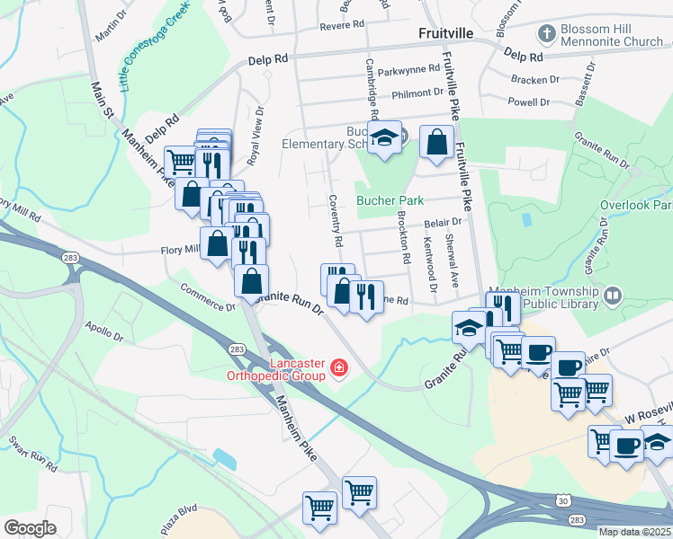 map of restaurants, bars, coffee shops, grocery stores, and more near 2142 Coventry Road in Lancaster