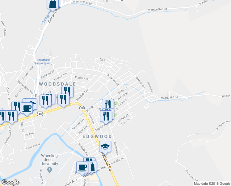 map of restaurants, bars, coffee shops, grocery stores, and more near 125 Elm Street in Wheeling
