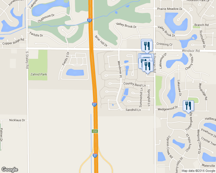 map of restaurants, bars, coffee shops, grocery stores, and more near 3403 Country Bend Place in Champaign