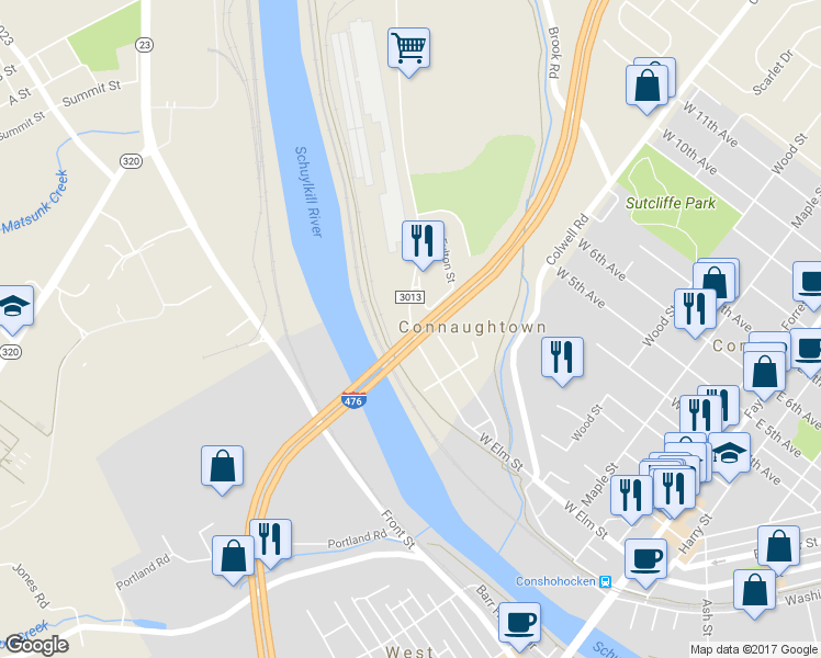 map of restaurants, bars, coffee shops, grocery stores, and more near 358 Conshohocken Road in Conshohocken