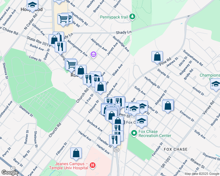 map of restaurants, bars, coffee shops, grocery stores, and more near 8044 Burholme Avenue in Philadelphia
