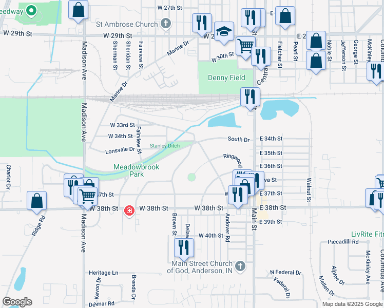 map of restaurants, bars, coffee shops, grocery stores, and more near 3430 Brown Street in Anderson