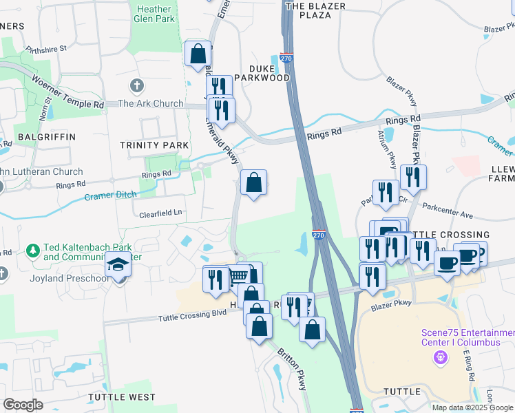 map of restaurants, bars, coffee shops, grocery stores, and more near 6500 Emerald Parkway in Dublin
