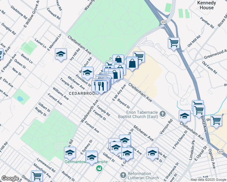 map of restaurants, bars, coffee shops, grocery stores, and more near 1600 Wadsworth Avenue in Philadelphia