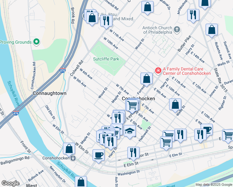 map of restaurants, bars, coffee shops, grocery stores, and more near 618 Maple Street in Conshohocken