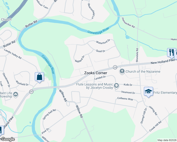 map of restaurants, bars, coffee shops, grocery stores, and more near in Zooks Corner