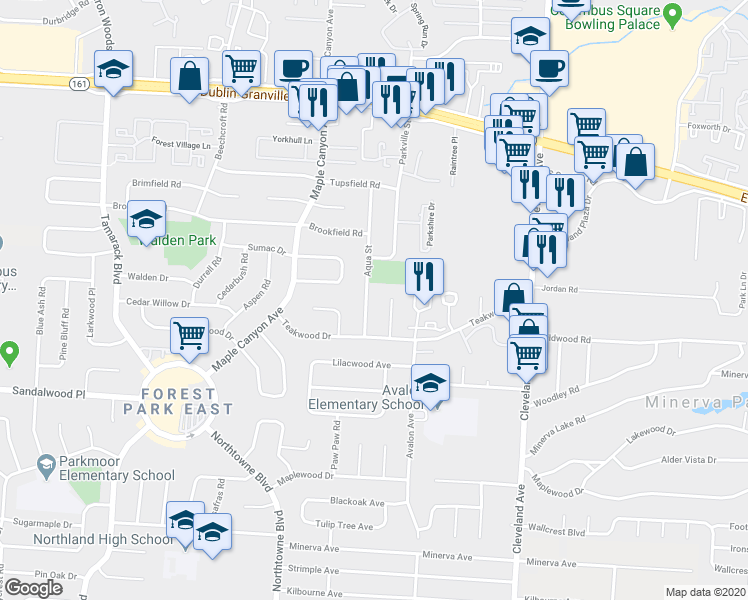 map of restaurants, bars, coffee shops, grocery stores, and more near 5421 Ivywood Lane in Columbus