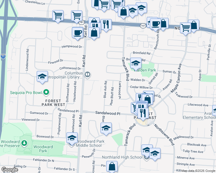 map of restaurants, bars, coffee shops, grocery stores, and more near 5504 Blue Ash Road in Columbus