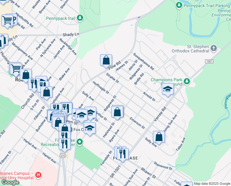 map of restaurants, bars, coffee shops, grocery stores, and more near 8304 Ridgeway Street in Philadelphia