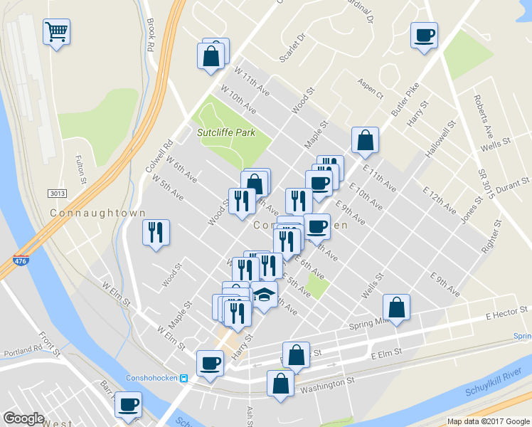 map of restaurants, bars, coffee shops, grocery stores, and more near 153 West 7th Avenue in Conshohocken