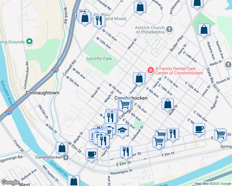 map of restaurants, bars, coffee shops, grocery stores, and more near 153 West 7th Avenue in Conshohocken