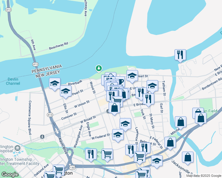 map of restaurants, bars, coffee shops, grocery stores, and more near 239 High Street in Burlington